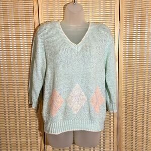Vintage 1990s Y2K Lauren Brooke Light Mint Green Vneck Sweater Diamonds Medium